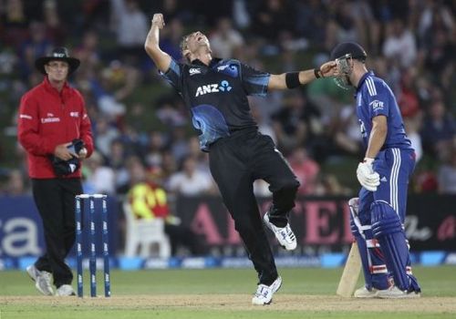 Tim Southee of New Zealand and Alistair Cook of England at McLean Park, Napier, February 20, 2013