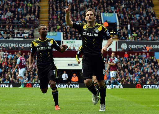 Chelsea&#039;s Frank Lampard celebrates scoring his team&#039;s first goal at Villa Park on May 11, 2013