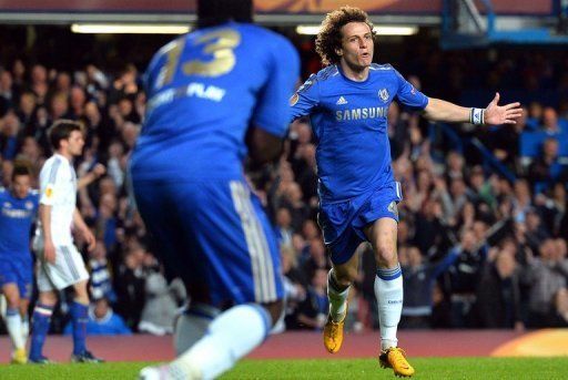 Chelsea&#039;s David Luiz celebrates after scoring during their Europa League match against Basel in London on May 2, 2013