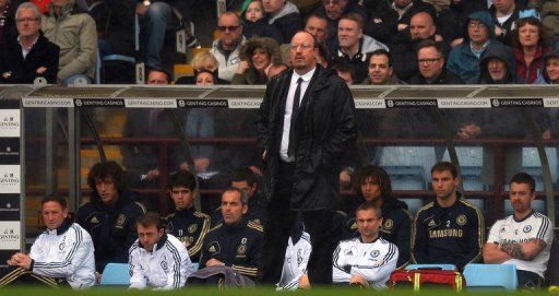 Rafael Benitez watches Chelsea play Aston Villa at Villa Park on May 11, 2013