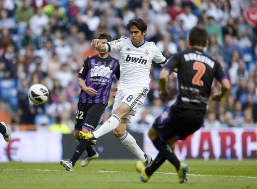 Kaka (centre) takes a shot for Real Madrid against Valladolid at the Santiago Bernabeu Stadium in Madrid on May 4 , 2013