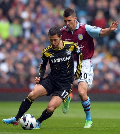 Chelsea midfielder Eden Hazard (L) is pictured during their Premier League match against Aston Villa on May 11, 2013