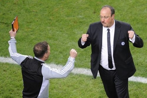 Chelsea manager Rafael Benitez celebrates his team's victory at the end of the UEFA Europa League final on May 15, 2013