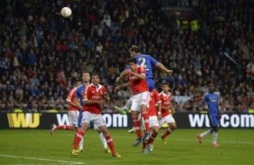 Chelsea&#039;s Branislav Ivanovic jumps to head the winning goal against Benfica on May 15, 2013