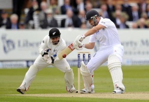 England's Jonathan Trott (R) plays a shot during the Test match against New Zealand at Lord's, on May 16, 2013