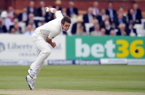 New Zealand's Tim Southee bowls during the opening day of the first Test against England at Lord's on May 16, 2013