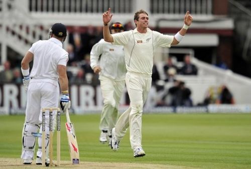 Tim Southee (right) celebrates taking the wicket of Matt Prior (left) at Lord's on May 17, 2013