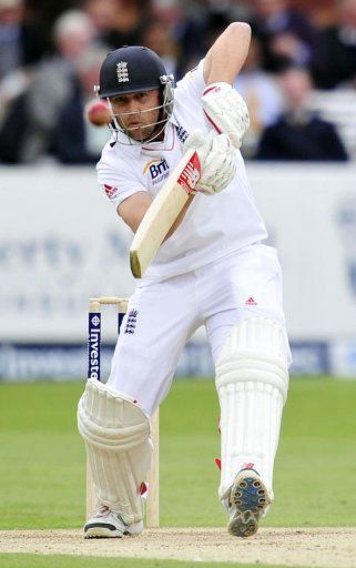 Jonathan Trott plays during the third day of the first Test between England and N. Zealand in London on May 18, 2013