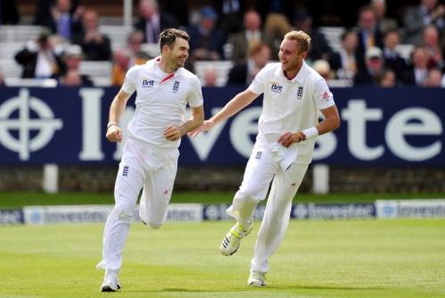 England's James Anderson (L) and Stuart Broad, seen during their Test match against N.Z., at Lord's, on May 19, 2013