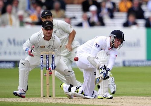 England's Stuart Broad plays a shot against New Zealand, at Lord's in London, on May 19, 2013