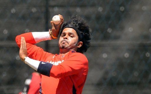 India&#039;s Test paceman Shanthakumaran Sreesanth pictured during a training session in Bangalore on March 3, 2011