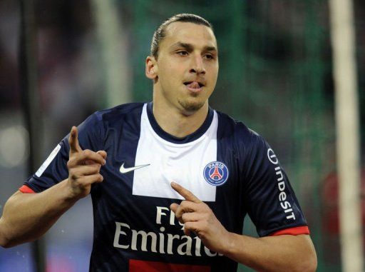 Zlatan Ibrahimovic celebrates after scoring on May 18, 2013 at Parc des Princes