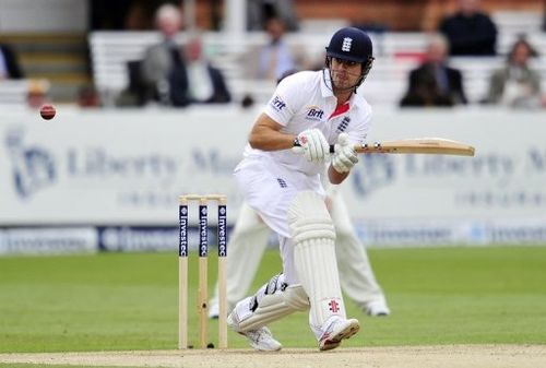 Alastair Cook bats during the first Test between England and New Zealand at Lord's in London on May 18, 2013