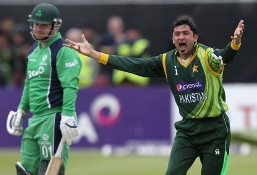 Pakistan's Junaid Khan (right) disputes an appeal during the one-day match against Ireland in Dublin, on May 23, 2013