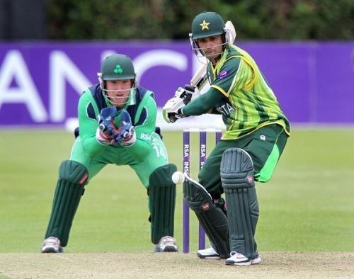 Pakistan's Mohammad Hafeez prepares to play a shot during the one-day match against Ireland in Dublin on May 23, 2013