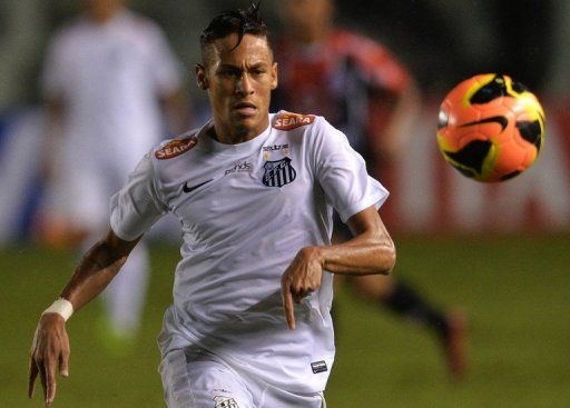 Brazilian striker Neymar in action for Santos in their Copa do Brasil match against Joinville on May 22, 2013