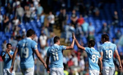 Lazio players celebrate after scoring against  Sampdoria during the match in Rome's Olympic Stadium on May 12, 2013