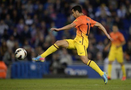 Barcelona&#039;s Pedro Rodriguez scores at&Acirc;&nbsp;the Cornella-El Prat stadium in Cornella de Llobregat on May 26, 2013