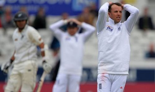 England's Graeme Swann (R) reacts at Headingly in Leeds on May 27, 2013