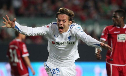 Hoffenheim&#039;s Jannik Vestergaard celebrates scoring in Kaiserslautern, Germany, on May 27, 2013