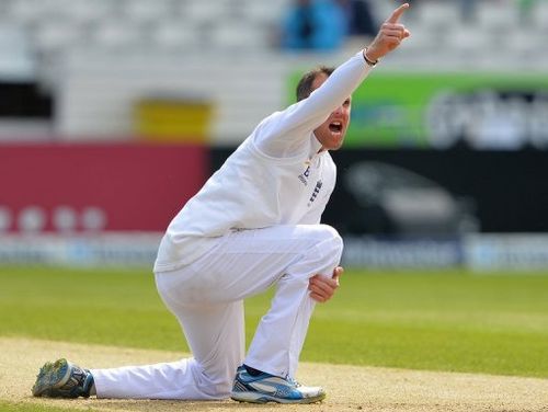 England's Graeme Swann celebrates taking the wicket of New Zealand's Kane Williamson in Leeds on May 27, 2013