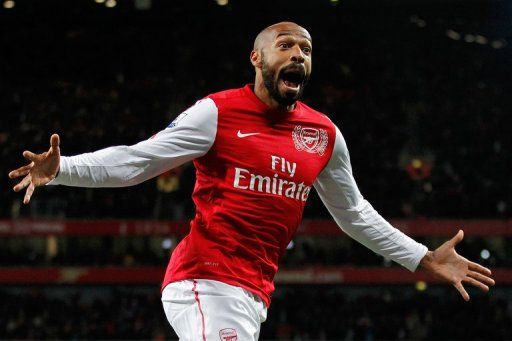 Arsenal&#039;s Thierry Henry celebrates after scoring against Leeds United during an FA Cup match on January 9, 2012