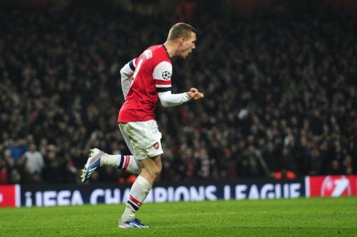 Arsenal&#039;s German striker Lukas Podolski, seen at the Emirates Stadium in north London on February 19, 2013