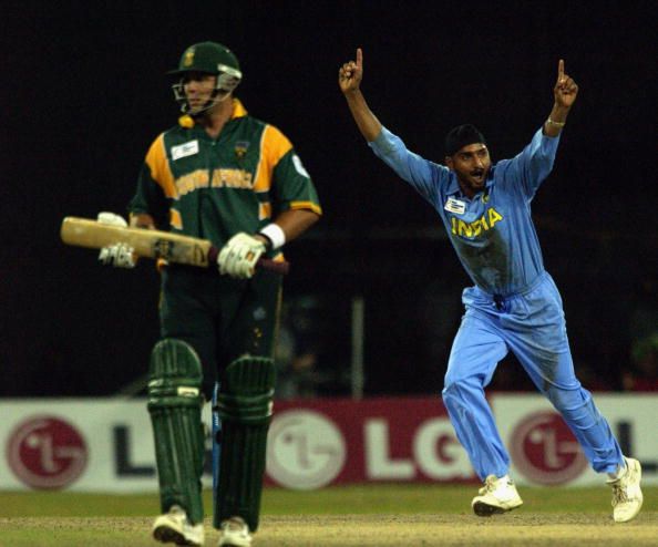 Harbhajan Singh of India celebrates the wicket of Boeta Dippenaar of South Africa