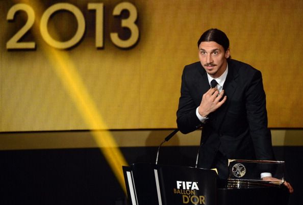 Sweden's striker Zlatan Ibrahimovic delivers a speech after receiving the 2013 FIFA Puskas award