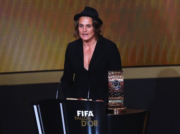 Nadine Angerer of Germany receives the FIFA Ballon d'Or 2013 trophy 