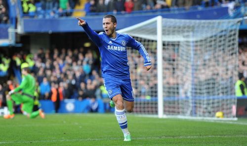 Eden Hazard of Chelsea celebrates after scoring his first goal during the Barclays Premier League match between Chelsea and Newcastle United