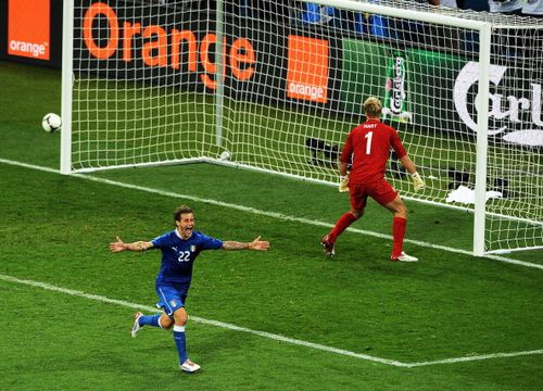 Alessandro Diamanti of Italy celebrates scoring the winning penalty during the UEFA EURO 2012 quarter final match between England and Italy at The Olympic Stadium on June 24, 2012 in Kiev, Ukraine.  