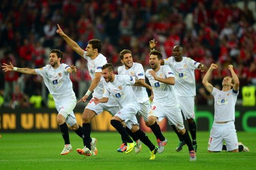 Sevilla players celebrate as Gameiro scored to win the Europa League for Sevilla