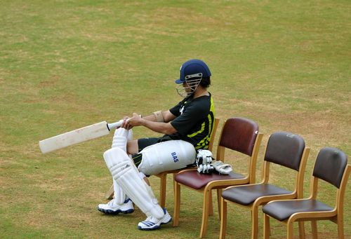 Sachin Tendulkar checks his bat during a practice session