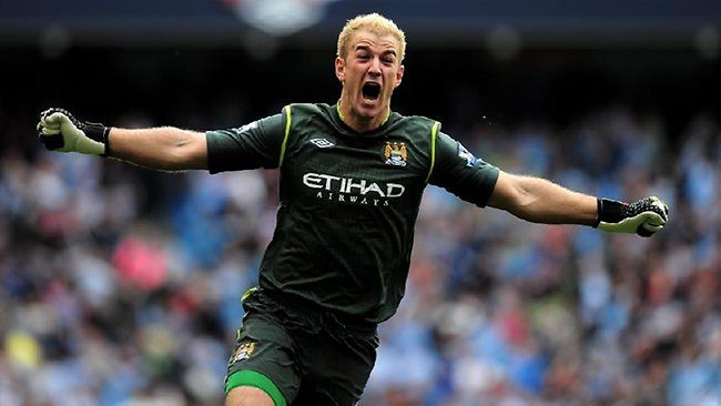 Joe Hart celebrating Manchester City&#039;s historic title victory