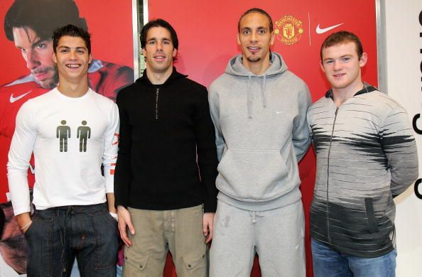 Cristiano Ronaldo with Ruud van Nistelrooy, Rio Ferdinand and Wayne Rooney