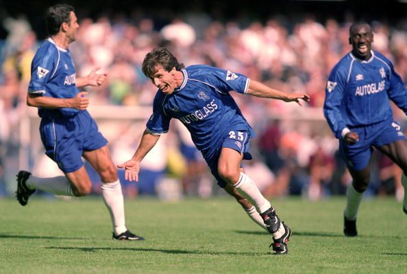 Gianfranco Zola of Chelsea celebrates his goal with team mates Gustavo Poyet and Jimmy Floyd Hasselbaink 