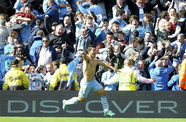 Sergio Aguero celebrates the goal that won Manchester City the Premier League title in the 2011/12 season