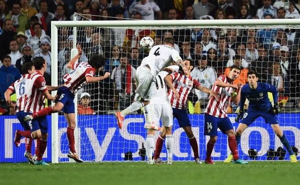 Sergio Ramos scores the equalizing goal for Real Madrid against Atletico Madrid in the Champions League final