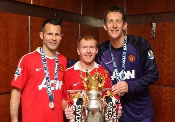 Ryan Giggs (L) has won 34 club trophies while Paul Scholes and Edwin van der Sar (R) have 25 each