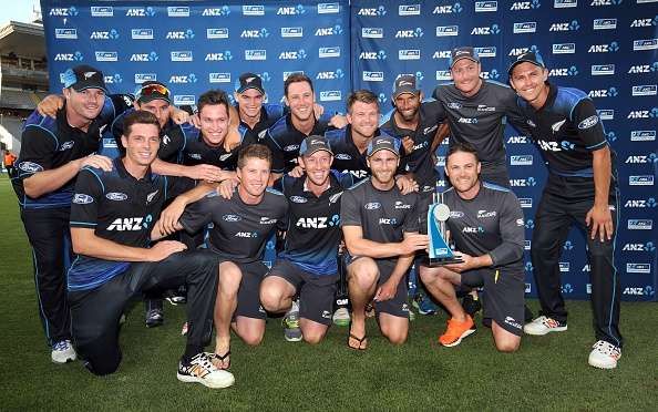 The Kiwis pose with the trophies after beating Australia in the ODI series