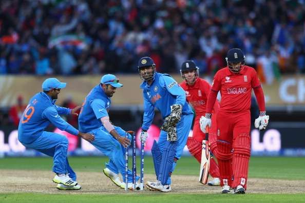 MS Dhoni celebrates as India beat England in the Champions Trophy Final