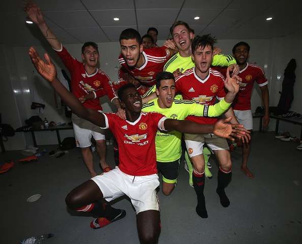 Axel Tuanzebe leading the celebrations after United won the U-21 league