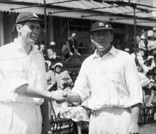 David Sheppard (left) being congratulated by veteran George Cox at Hove, after the announcement of his appointment as England's captain in the second test match against Pakistan.