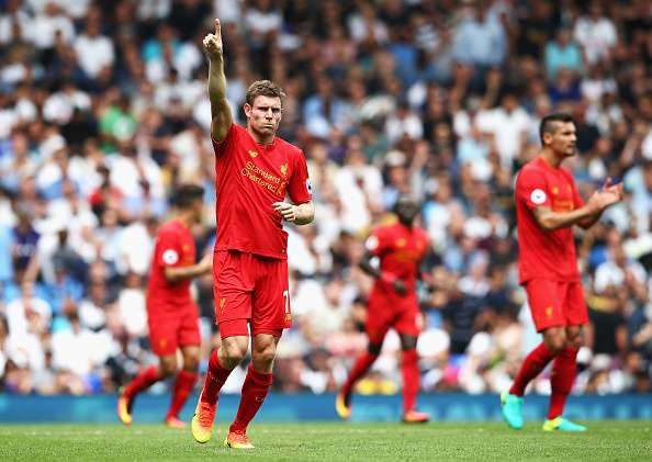 LONDON, ENGLAND - AUGUST 27:  James Milner of Liverpool celebrates scoring his sides first goal during the Premier League match between Tottenham Hotspur and Liverpool at White Hart Lane on August 27, 2016 in London, England.  (Photo by Jan Kruger/Getty Images)