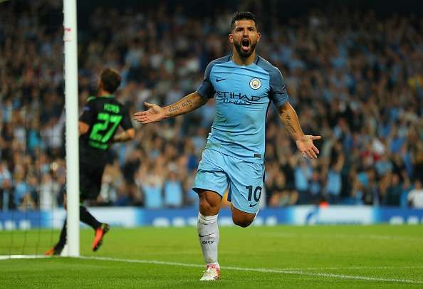 MANCHESTER, ENGLAND - SEPTEMBER 14:  Sergio Aguero of Manchester City celebrates scoring during the UEFA Champions League match between Manchester City FC and VfL Borussia Moenchengladbach at Etihad Stadium on September 14, 2016 in Manchester, England.  (Photo by Richard Heathcote/Getty Images)