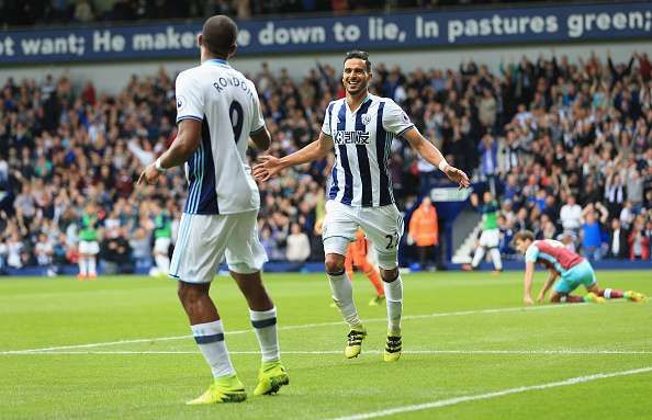 WEST BROMWICH, ENGLAND - SEPTEMBER 17:  Nacer Chadli of West Bromwich Albion celebrates scoring his sides first goal with Jose Salomon Rondn of West Bromwich Albion during the Premier League match between West Bromwich Albion and West Ham United at The Hawthorns on September 17, 2016 in West Bromwich, England.  (Photo by Stephen Pond/Getty Images)