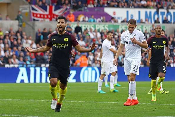 SWANSEA, WALES - SEPTEMBER 24:  Sergio Aguero of Manchester City celebrates scoring his sides second goal  during the Premier League match between Swansea City and Manchester City at the Liberty Stadium on September 24, 2016 in Swansea, Wales.  (Photo by Michael Steele/Getty Images)