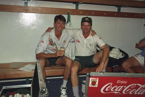 21 Mar 1994:  Steve Waugh and Glen McGrath of Australia celebrate victory after the Second Test match against South Africa at Newlands in Capetown, South Africa. Australia won the match by nine wickets.   \ Mandatory Credit: Mike  Hewitt/Allsport