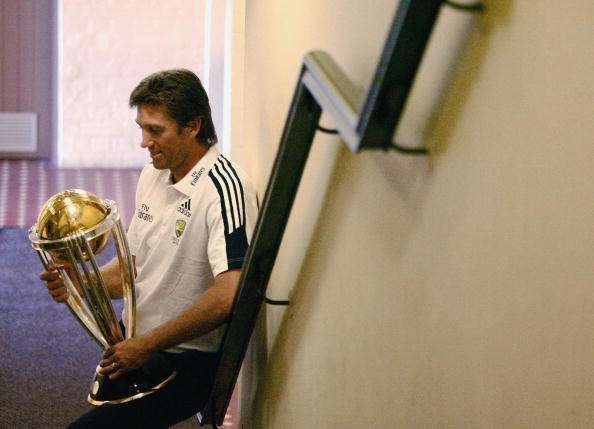 SYDNEY, AUSTRALIA - MAY 03:  Glenn McGrath poses with the ICC World Cup trophy at the  Australian World Cup team breakfast at the Sydney Cricket Ground Members Dining Room on May 3, 2007 in Sydney, Australia. The Australian World Cup team returned home from the West Indies today following their victory in the ICC Cricket World Cup Final against Sri Lanka on April 28, 2007.  (Photo by Corey Davis/Getty Images)